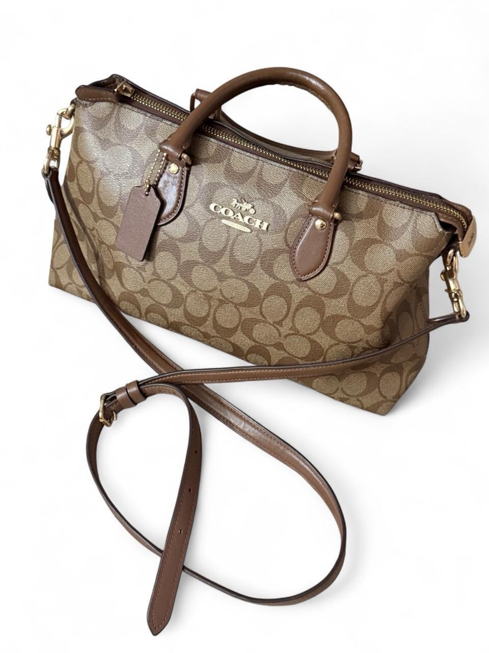 Coach Brown Signature Monogram Satchel with Adjustable Crossbody Strap